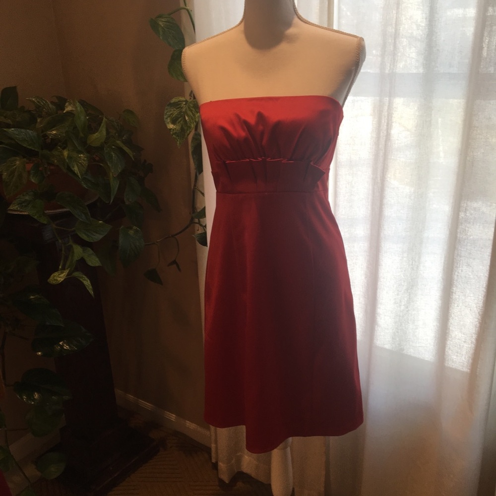 Red strapless cocktail dress with shirring detail